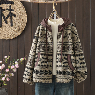 复古腰果花羊羔毛加厚棉服外套女冬季高级感连帽保暖毛毛开衫棉衣