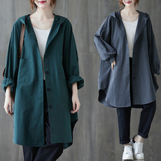 Одежда Больших размеров 连帽外套女中长款2023春秋新款宽松大码胖mm纯色百搭休闲工装风衣