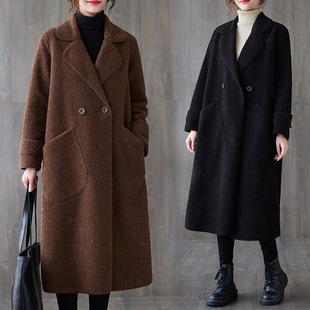 百搭宽松加厚颗粒绒长款 胖妹妹时尚 外套潮 领羊羔毛大衣女冬季 西装
