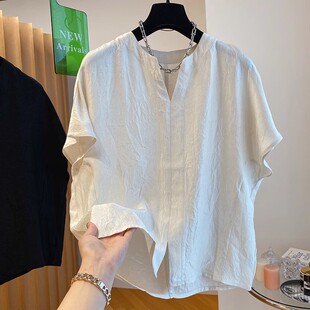 高级感新中式纯色衬衫女短袖2026夏季新款宽松显瘦V领短款上衣潮