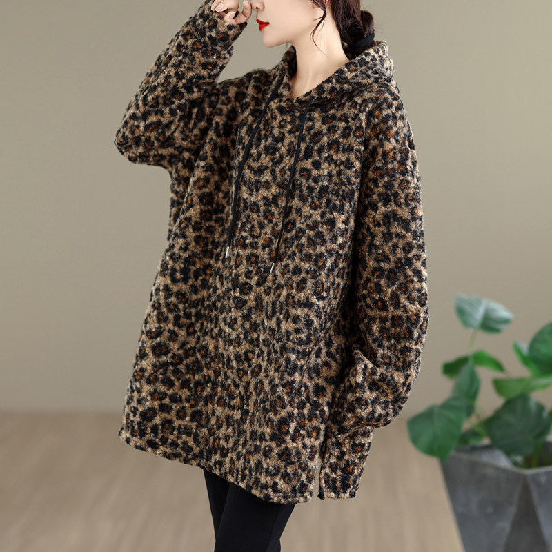 冬季韩版宽松慵懒连帽豹纹卫衣女中长款加厚颗粒绒上衣洋气外套潮,女装/女士精品,常规大码外套,淘宝优惠券,粉丝福利购,淘宝优惠卷