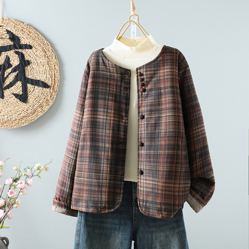 复古轻薄圆领棉服女士格子短外套