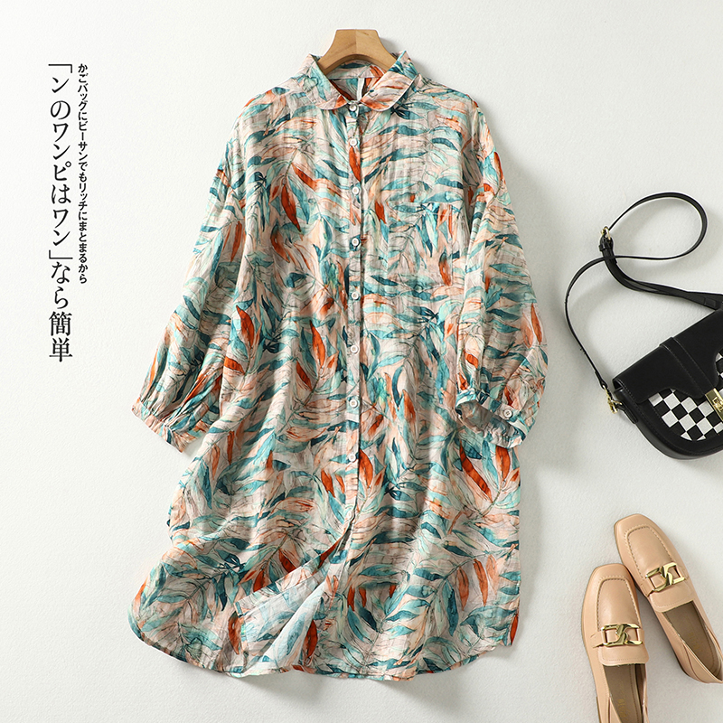 小菲家~2024年早秋中长款棉麻花色女装洋气衬衫宽松新款