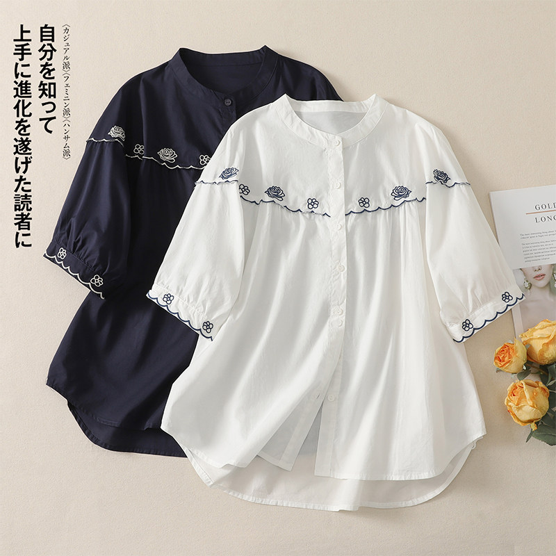 衬衫女款2026新款夏季棉麻宽松显瘦减龄上衣文艺绣花漂亮短袖衬衣