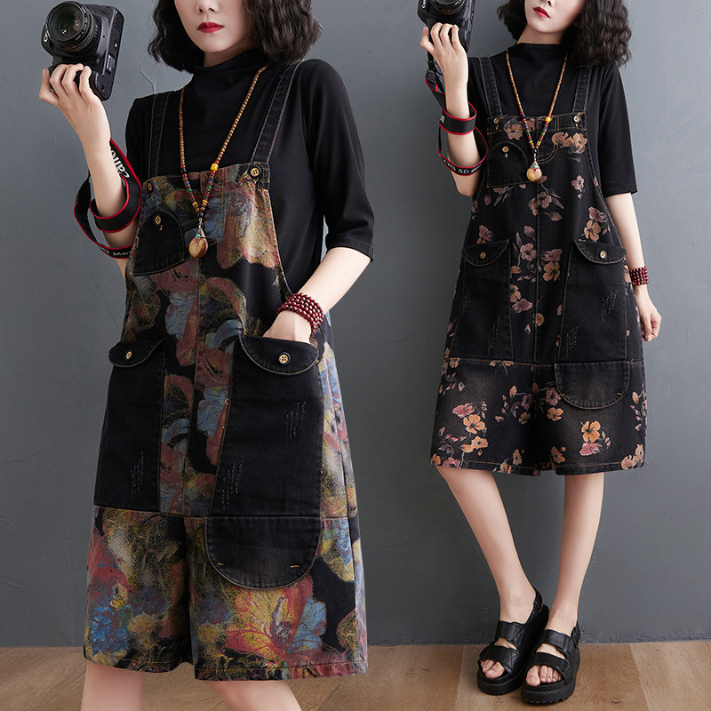 牛仔印花背带裤女韩版2024夏季宽松大口袋显瘦连体裤阔腿五分裤子