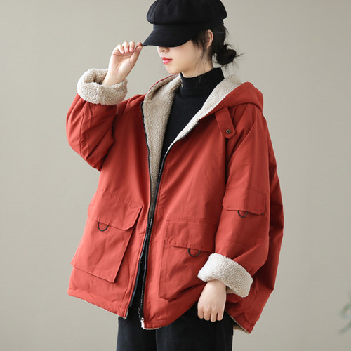 羊羔绒棉服女中长款韩版宽松2024冬季新款加厚保暖派克服工装外套