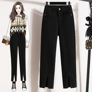 胖mm弹力小个子九分烟管裤 黑色开叉牛仔裤 女2024秋冬宽松显瘦大码