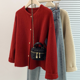 小菲家~温柔氛围感毛衣开衫女秋冬本命新年复古红色软糯针织外套