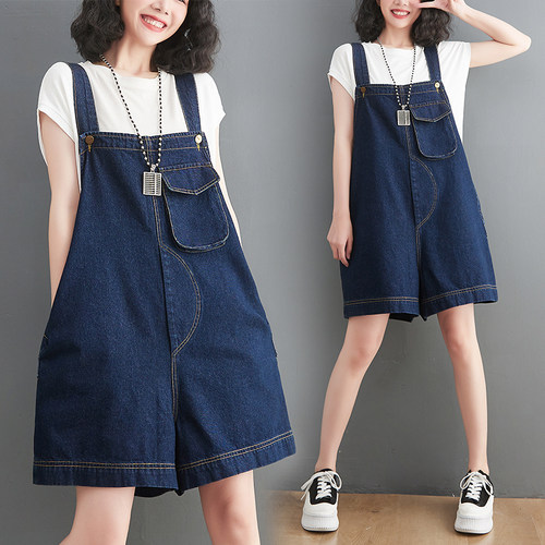大码牛仔背带短裤女吊带连体裤子