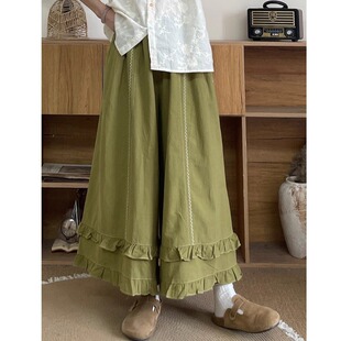 显瘦遮肉裙裤 高腰宽松垂感长裤 女夏季 日系文艺双层木耳花边阔腿裤