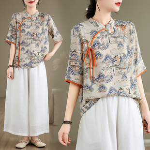 小菲家~2024夏款中式印花雪纺衬衫女大码宽松时尚国风五分袖上衣