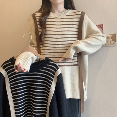 大码设计感条纹假两件毛衣女2024秋冬新款宽松韩版慵懒风针织上衣