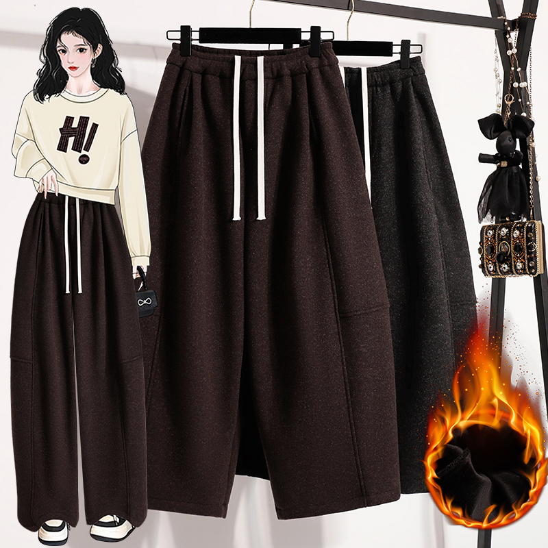 大码加绒加厚毛呢阔腿裤女冬季宽松慵懒松弛感裤子休闲九分弯刀裤