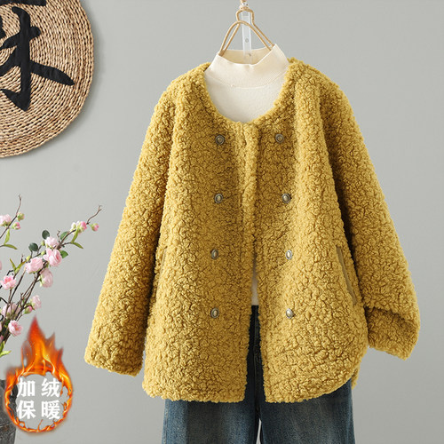 大码韩版气质双排扣羊羔毛外套女