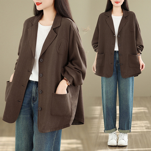宽松休闲气质小西装 大码 春秋麻料外套潮 春季 亚麻西服女2026年新款