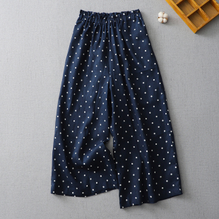 小波点 松紧腰上身显瘦 百搭 日系 女直筒长裤 棉麻 休闲阔腿 新款