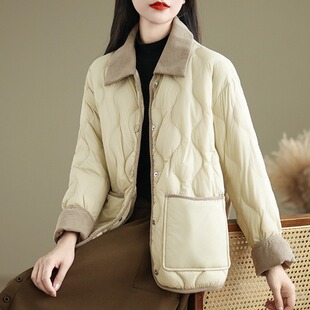 轻薄羽绒棉服女冬季 外套 撞色拼接灯芯绒翻领棉衣显瘦保暖菱格短款