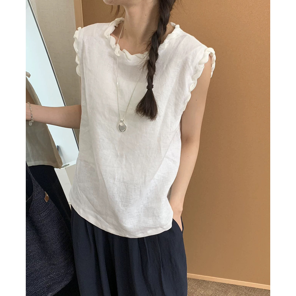 设计感独特编织圆领无袖衬衫女夏季亚麻外穿马甲背心薄款小衫上衣