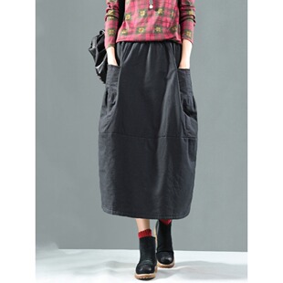 冬季 复古夹棉灯笼裙文艺百搭防风保暖中长裙花苞半身裙女 宽松大码