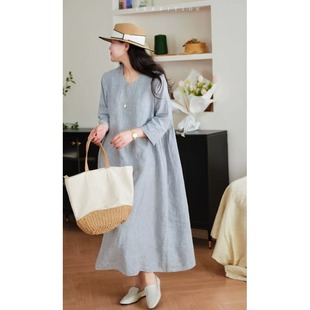 a字裙 文艺薄款 苎麻连衣裙女夏季 宽松显瘦V领中袖 大摆裙胖妹妹大码