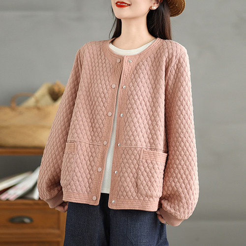 小菲家~2026秋冬新品宽松显瘦圆领长袖拼接纯色中式外套卫衣女