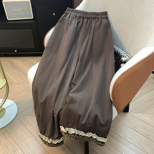 森系甜美木耳边拼接阔腿裤女秋季时尚垂感裙裤休闲高腰直筒九分裤