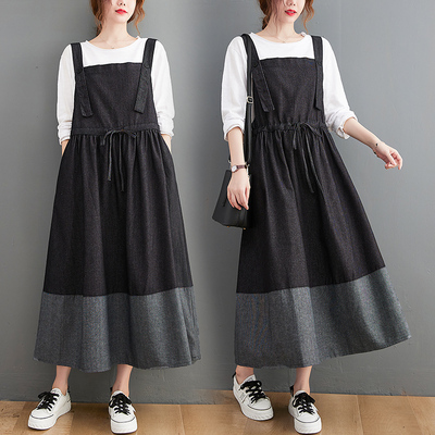 小菲新款复古风牛仔拼色连衣裙
