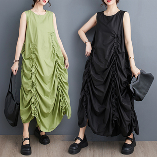 小菲家~设计感褶皱背心裙女宽松长裙时尚气质显瘦过膝无袖连衣裙