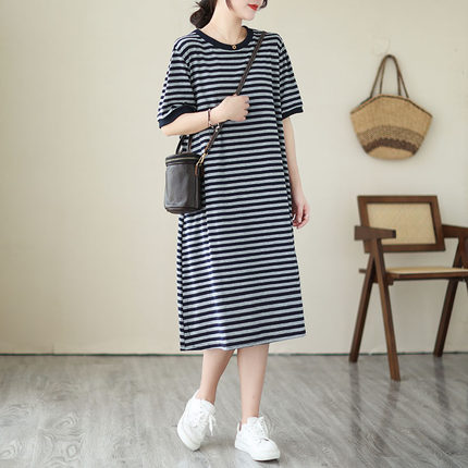 小菲家~条纹连衣裙女夏季中长款宽松潮针织圆领短袖T恤裙过膝长裙