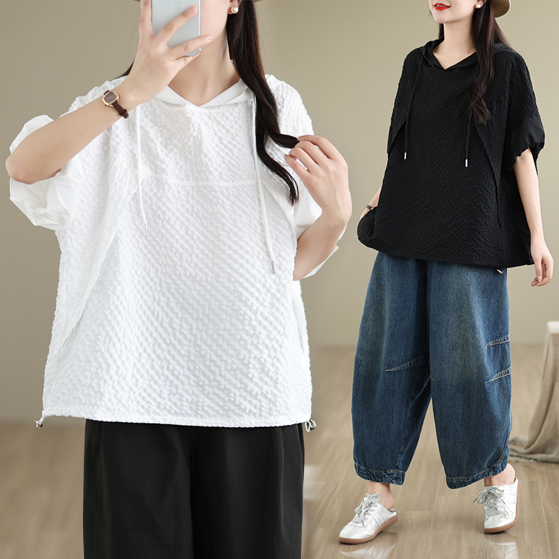2025夏季新款大码纯色连帽短袖T恤女宽松韩版下摆抽绳肌理感上衣