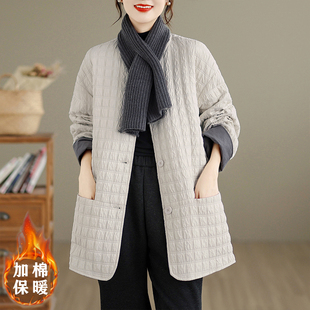 洋气格纹夹棉外套潮 胖MM宽松棉衣中长款 高级感轻薄棉服女冬季 大码