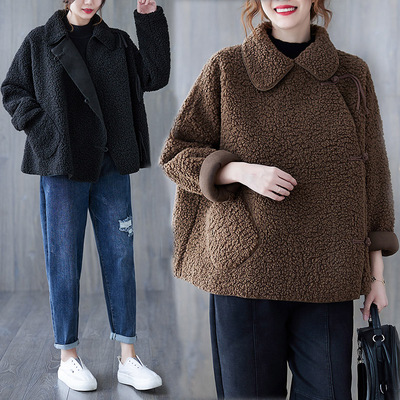冬季新中式斜襟盘扣羊羔毛外套女