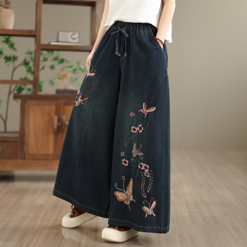 民族风重工刺绣牛仔阔腿裤女春秋胖mm宽松裙裤系带松紧腰直筒长裤,女装/女士精品,牛仔裤,淘宝优惠券,粉丝福利购,淘宝优惠卷