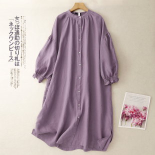 宽松日系亚麻衬衫裙春秋大码设计感拼接灯笼袖连衣裙女士圆领长裙