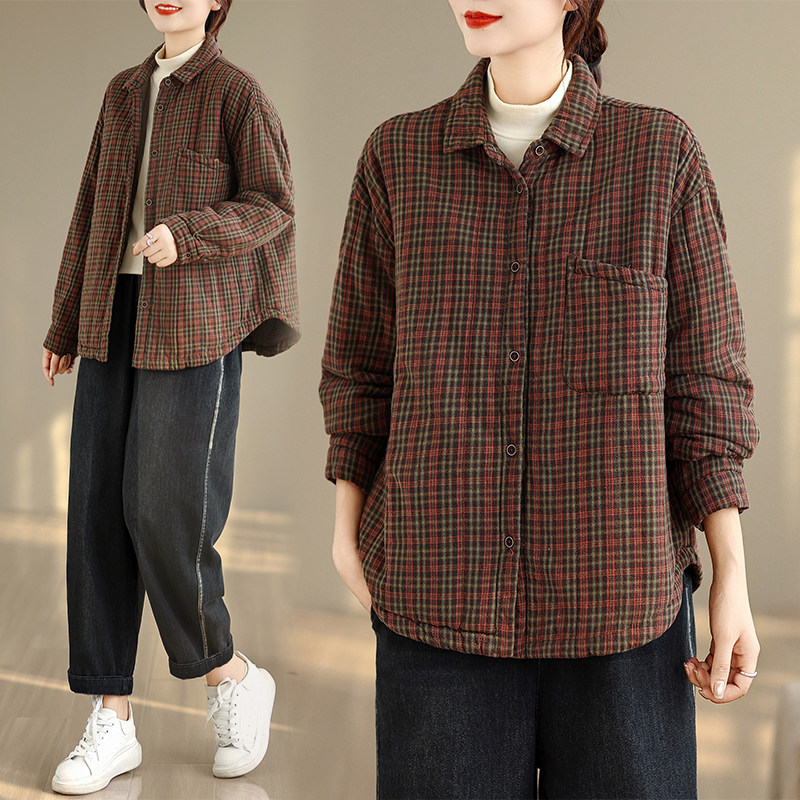 衬衫式夹棉格子棉衣外套女冬季宽松休闲翻领加厚棉服内胆保暖棉袄