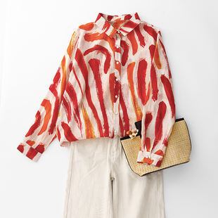 胖mm宽松显瘦个性 女早春大码 抽象印花翻领衬衣潮 衬衫 高端苎麻长袖