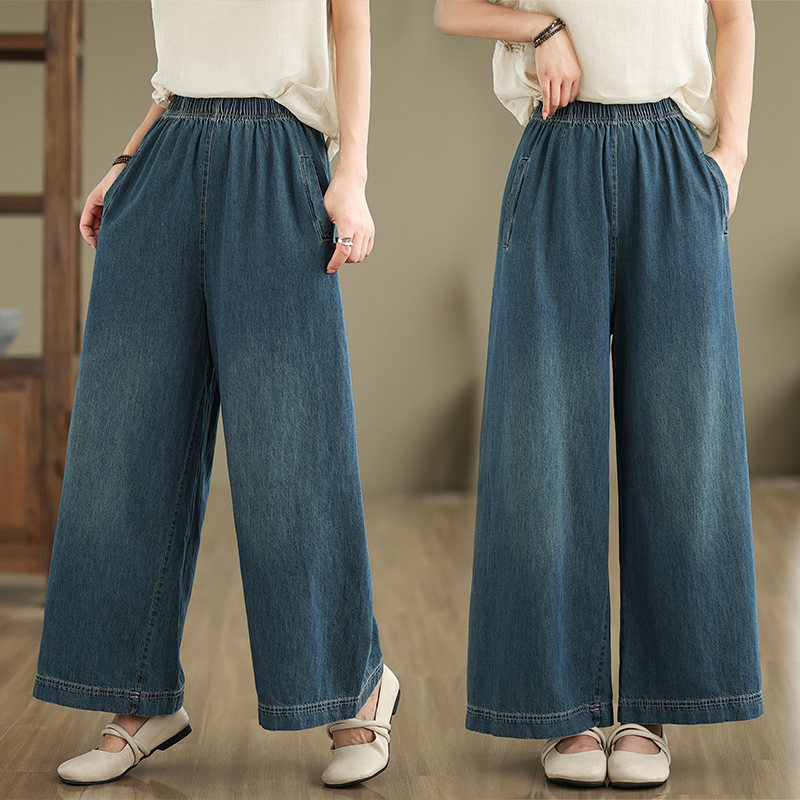 复古牛仔阔腿裤女夏季新款大码胖mm宽松梨形身材显瘦高腰直筒长裤