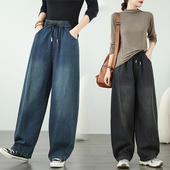 宽松显瘦弯刀香蕉裤 抽绳阔腿牛仔裤 大码 胖妹妹梨形身材长裤 女秋季