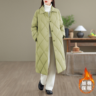 过膝棉衣加厚保暖外套大衣 宽松长款 韩版 气质菱格棉服女冬2025新款