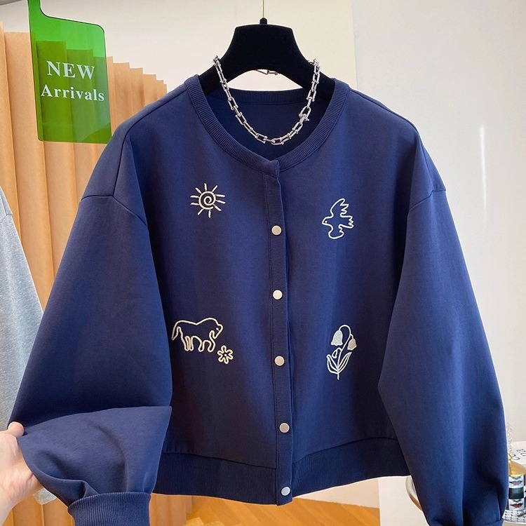 高级感刺绣棒球服外套女秋季设计感小众洋气圆领全棉卫衣开衫上衣