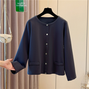 胖MM宽松显瘦小个子短款 时尚 大码 外套女秋季 上衣 气质休闲无领开衫