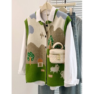小菲家~秋冬文艺森女系小清新宽松休闲百搭圆领卡通印花针织马甲