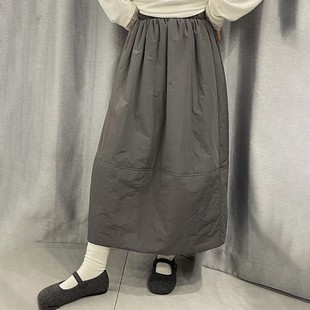 日系工装夹棉保暖花苞半身裙女冬装松紧腰遮胯百搭长款外穿棉裙子