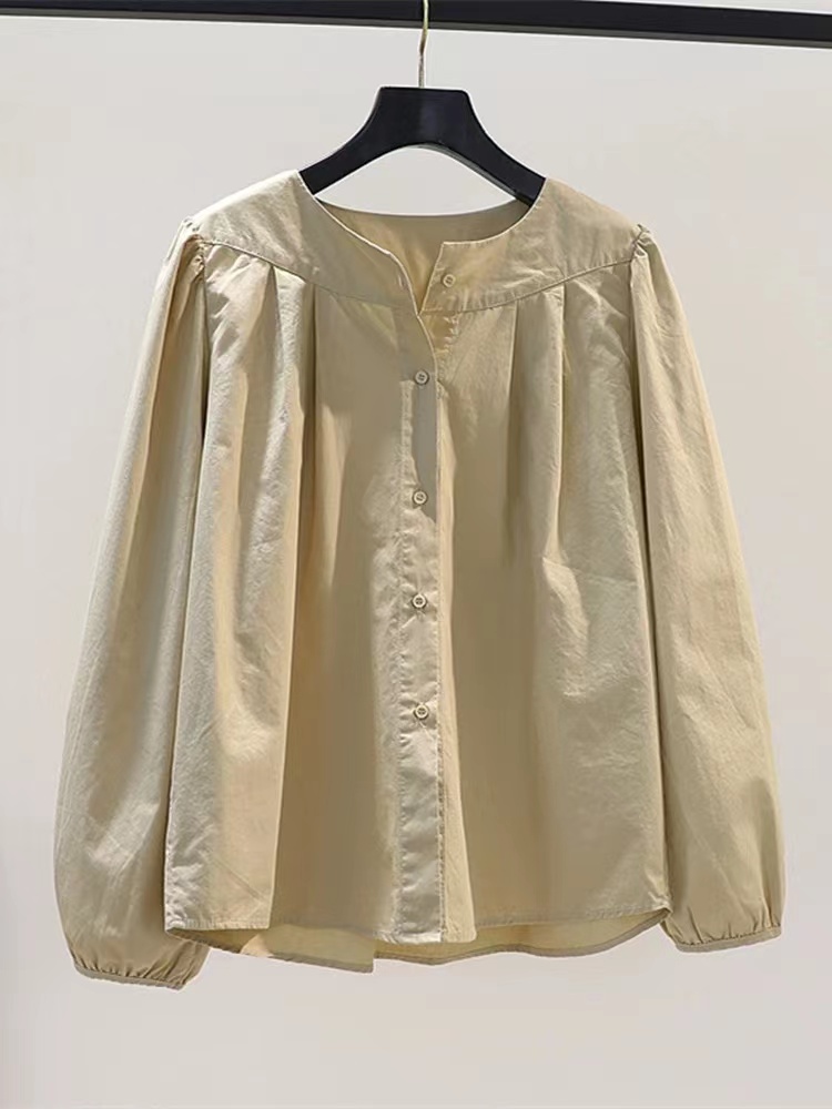 大码卡其色圆领灯笼袖棉质衬衫女