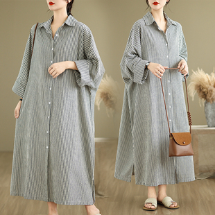 裙 慵懒风条纹衬衫 小菲家 设计感宽松复古百搭休闲连衣裙女春季