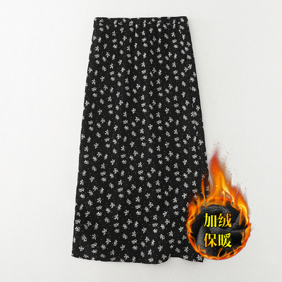黑色碎花加绒半身裙女2026秋冬季大码胖mm遮胯显瘦中长款包臀裙子