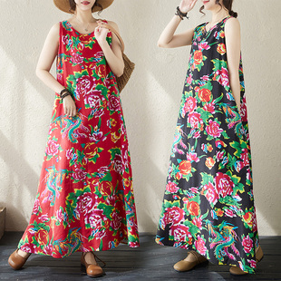宽松文艺东北大花棉麻连衣裙女夏季胖妹妹显瘦大摆a字背心长裙子