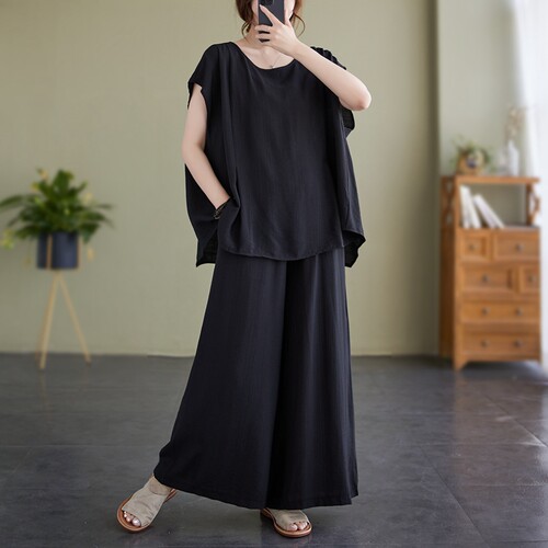 大码胖mm梨型身材显瘦套装女夏季宽松无袖上衣休闲阔腿裤两件套潮