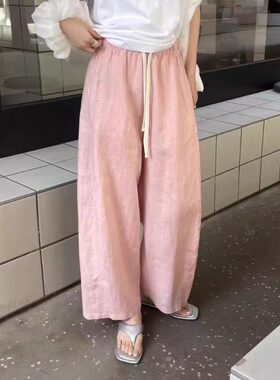 棉麻裤子女款夏季2026新款棉麻9分裤宽松直筒薄气球裤粉色阔腿裤