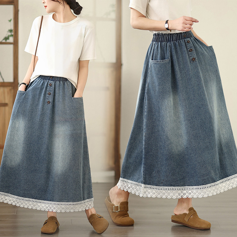 2025夏季新款高腰显瘦牛仔半身裙女士时尚百搭蕾丝拼接A字中长裙